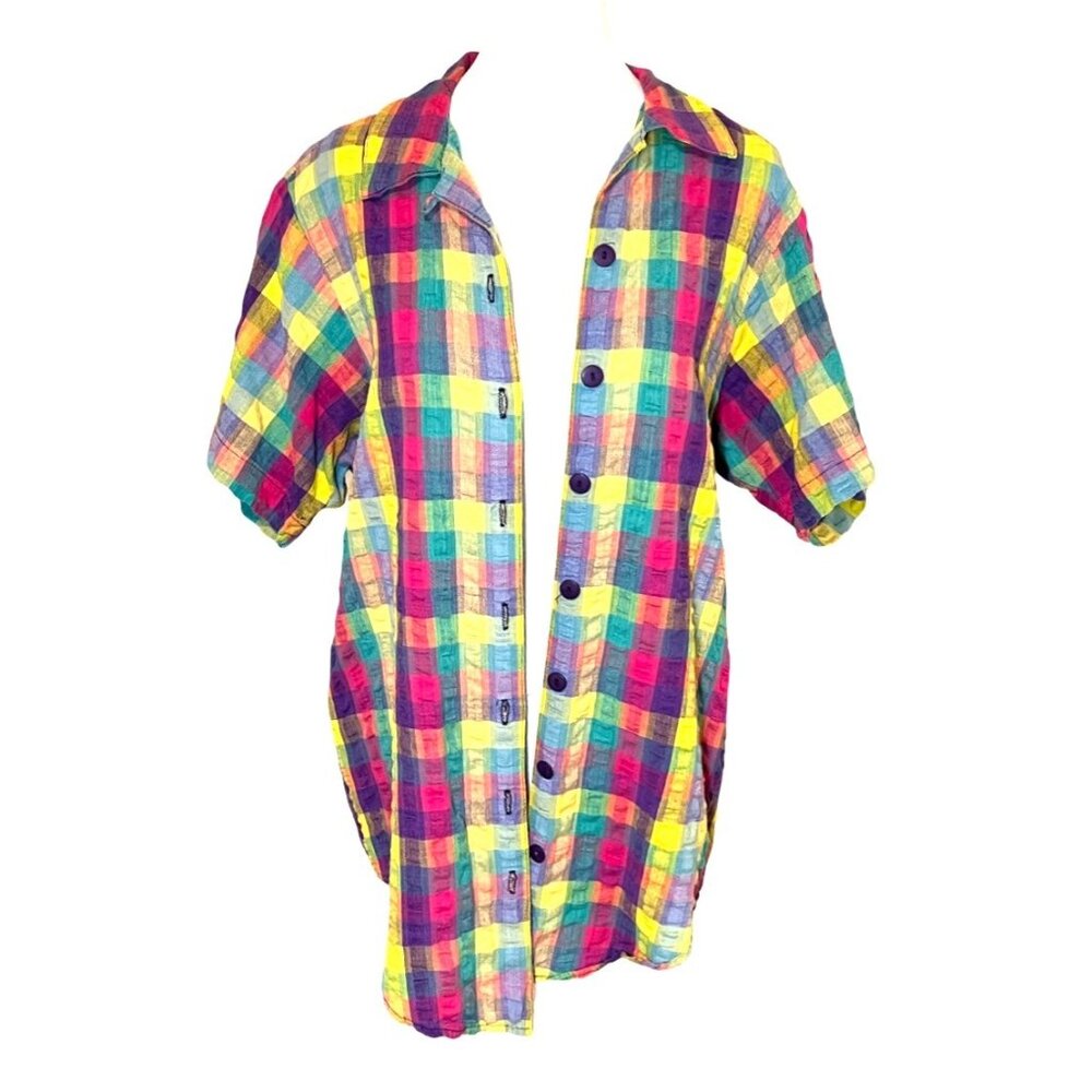 Jeste’ Sport Vintage Colorful Plaid Button Down Short Sleeve Summer Top Size L